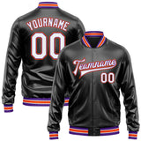 Custom Black White-Purple Bomber Full-Snap Varsity Faux Leather Letterman Jacket