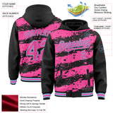 Custom Black Pink-Light Blue Splash 3D Pattern Design Bomber Full-Snap Varsity Letterman Hoodie Jacket