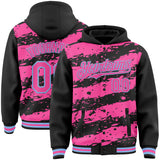 Custom Black Pink-Light Blue Splash 3D Pattern Design Bomber Full-Snap Varsity Letterman Hoodie Jacket