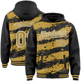Custom Black Old Gold-White Splash 3D Pattern Design Bomber Full-Snap Varsity Letterman Hoodie Jacket