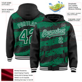 Custom Black Kelly Green-White Splash 3D Pattern Design Bomber Full-Snap Varsity Letterman Hoodie Jacket