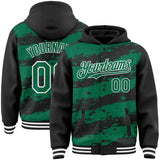Custom Black Kelly Green-White Splash 3D Pattern Design Bomber Full-Snap Varsity Letterman Hoodie Jacket