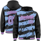 Custom Black Light Blue-Pink Splash 3D Pattern Design Bomber Full-Snap Varsity Letterman Hoodie Jacket