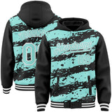 Custom Black Ice Blue-White Splash 3D Pattern Design Bomber Full-Snap Varsity Letterman Hoodie Jacket