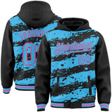 Custom Black Sky Blue-Pink Splash 3D Pattern Design Bomber Full-Snap Varsity Letterman Hoodie Jacket