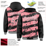Custom Black Medium Pink-White Splash 3D Pattern Design Bomber Full-Snap Varsity Letterman Hoodie Jacket