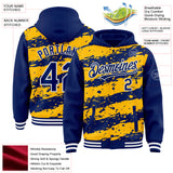 Custom Gold Royal-White Splash 3D Pattern Design Bomber Full-Snap Varsity Letterman Hoodie Jacket