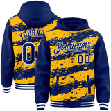 Custom Gold Royal-White Splash 3D Pattern Design Bomber Full-Snap Varsity Letterman Hoodie Jacket
