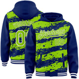 Custom Royal Neon Green-White Splash 3D Pattern Design Bomber Full-Snap Varsity Letterman Hoodie Jacket