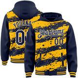 Custom Gold Navy-White Splash 3D Pattern Design Bomber Full-Snap Varsity Letterman Hoodie Jacket