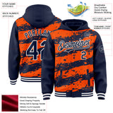 Custom Orange Navy-White Splash 3D Pattern Design Bomber Full-Snap Varsity Letterman Hoodie Jacket