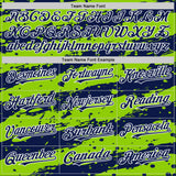 Custom Neon Green Navy-White Splash 3D Pattern Design Bomber Full-Snap Varsity Letterman Hoodie Jacket