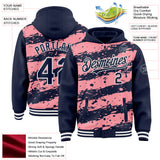 Custom Medium Pink Navy-White Splash 3D Pattern Design Bomber Full-Snap Varsity Letterman Hoodie Jacket