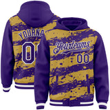Custom Old Gold Purple-White Splash 3D Pattern Design Bomber Full-Snap Varsity Letterman Hoodie Jacket