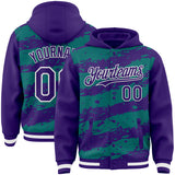 Custom Teal Purple-White Splash 3D Pattern Design Bomber Full-Snap Varsity Letterman Hoodie Jacket