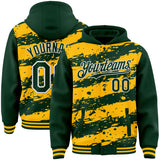 Custom Gold Green-White Splash 3D Pattern Design Bomber Full-Snap Varsity Letterman Hoodie Jacket
