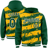 Custom Gold Kelly Green-White Splash 3D Pattern Design Bomber Full-Snap Varsity Letterman Hoodie Jacket