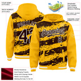 Custom Gold Brown-White Splash 3D Pattern Design Bomber Full-Snap Varsity Letterman Hoodie Jacket