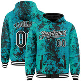 Custom Teal Black-White 3D Pattern Design Bomber Full-Snap Varsity Letterman Hoodie Jacket