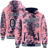 Custom Pink Navy-White 3D Pattern Design Bomber Full-Snap Varsity Letterman Hoodie Jacket
