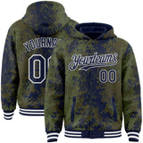 Custom Olive Navy-White 3D Pattern Design Bomber Full-Snap Varsity Letterman Hoodie Jacket