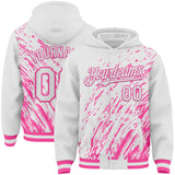 Custom White White-Pink 3D Pattern Design Bomber Full-Snap Varsity Letterman Hoodie Jacket