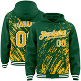 Custom Kelly Green Gold-White 3D Pattern Design Bomber Full-Snap Varsity Letterman Hoodie Jacket
