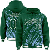 Custom Light Blue Kelly Green-White 3D Pattern Design Bomber Full-Snap Varsity Letterman Hoodie Jacket