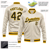 Custom Cream Black-Gold Bomber Full-Snap Varsity Faux Leather Letterman Jacket