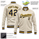 Custom Cream Navy-Gold Bomber Full-Snap Varsity Faux Leather Letterman Jacket