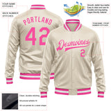Custom Cream Pink Bomber Full-Snap Varsity Faux Leather Letterman Jacket