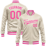Custom Cream Pink Bomber Full-Snap Varsity Faux Leather Letterman Jacket