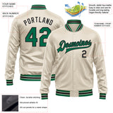 Custom Cream Kelly Green-Black Bomber Full-Snap Varsity Faux Leather Letterman Jacket