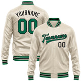 Custom Cream Kelly Green-Black Bomber Full-Snap Varsity Faux Leather Letterman Jacket