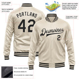 Custom Cream Black Bomber Full-Snap Varsity Faux Leather Letterman Jacket