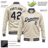 Custom Cream Black-Gray Bomber Full-Snap Varsity Faux Leather Letterman Jacket