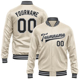Custom Cream Black-Gray Bomber Full-Snap Varsity Faux Leather Letterman Jacket