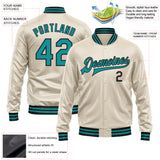 Custom Cream Teal-Black Bomber Full-Snap Varsity Faux Leather Letterman Jacket