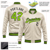 Custom Cream Neon Green-Black Bomber Full-Snap Varsity Faux Leather Letterman Jacket
