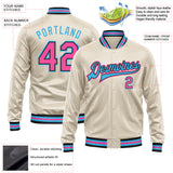 Custom Cream Pink Sky Blue-Black Bomber Full-Snap Varsity Faux Leather Letterman Jacket