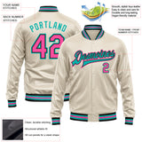 Custom Cream Pink Aqua-Black Bomber Full-Snap Varsity Faux Leather Letterman Jacket