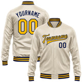 Custom Cream Gold-Navy Bomber Full-Snap Varsity Faux Leather Letterman Jacket
