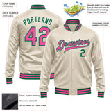 Custom Cream Pink-Kelly Green Bomber Full-Snap Varsity Faux Leather Letterman Jacket