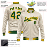 Custom Cream Green-Gold Bomber Full-Snap Varsity Faux Leather Letterman Jacket