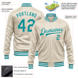 Custom Cream Teal Bomber Full-Snap Varsity Faux Leather Letterman Jacket