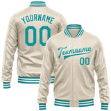 Custom Cream Teal Bomber Full-Snap Varsity Faux Leather Letterman Jacket