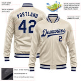 Custom Cream Navy-Gray Bomber Full-Snap Varsity Faux Leather Letterman Jacket