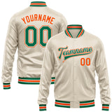 Custom Cream Kelly Green-Orange Bomber Full-Snap Varsity Faux Leather Letterman Jacket