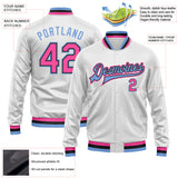 Custom White Pink Light Blue-Black Bomber Full-Snap Varsity Faux Leather Letterman Jacket