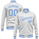 Custom White Light Blue Bomber Full-Snap Varsity Faux Leather Letterman Jacket